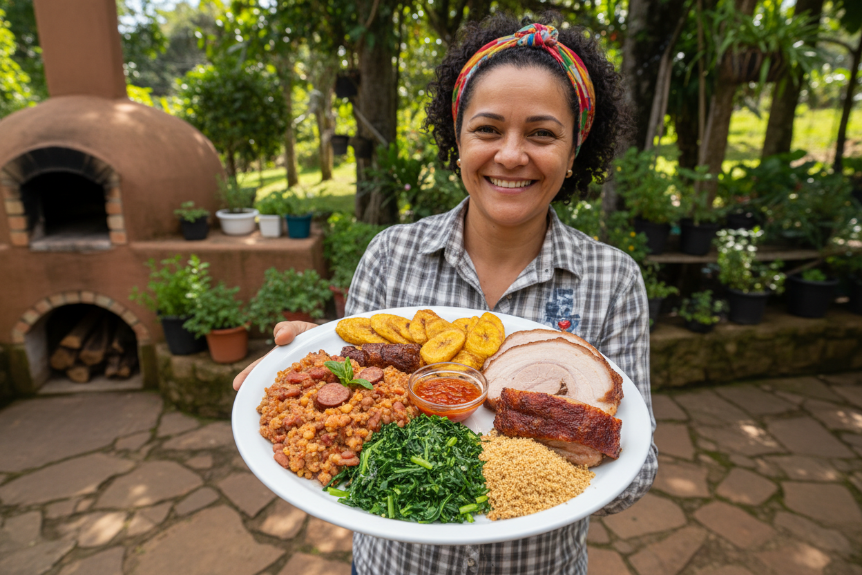 uma pessoa feliz com um prato de comida mineira na mão, mostrando a comida
